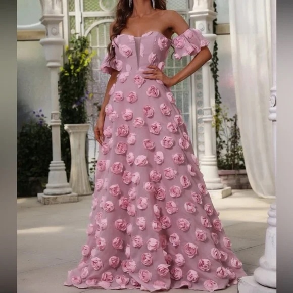 Luxe Pink off shoulder Applique party formal evening wedding dress - Picture 6 of 6